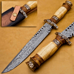 Handmade Custom Damascus Bowie Knife Damascus Hunting Knife With Leather Sheath