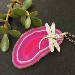 Silver Dragonfly Necklace Pink Agate Slice Necklace Fuchsia Agate Slab Stone Boho Pendant Handmade Necklace Jewelry 5986