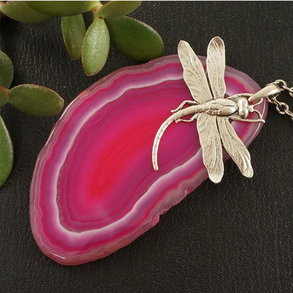 pink-agate-necklace-silver-dragonfly-necklace-insect-jewelry-necklace