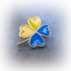 clover yellow blue pin,ukraine clover pin,handmade enamel brass pins,ukrainian pin,hard enamel clover pin,ukrainian gift