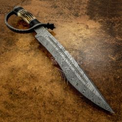 IMPACT CUTLERY RARE CUSTOM DAMASCUS LARGE BOWIE KNIFE | STAG ANTLER HANDLE