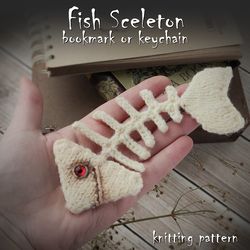 Fish skeleton knitting pattern, bookmark or keychain pattern. Book lover gift or librarian gift. Reading gifts for kids