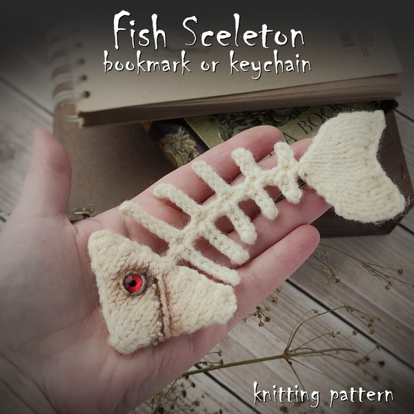 Fish skeleton knitting pattern, bookmark or keychain pattern. Book lover gift or librarian gift. Reading gifts for kids 1.jpg