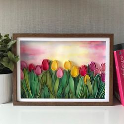 Original quilled wall art - Quilled field with tulips