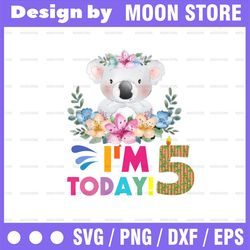 koala birthday png, i'm today 5 birthday koala png, birthday png, birthday sublimation printing