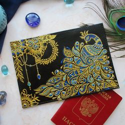 Peacock passport, Leather passport holder, Hand painted passport case, Leather passport cover for women, Document holder