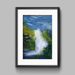 White cat by the pond, Watercolor digital file, Art print from the original painting, Printable wall art, Wall decor