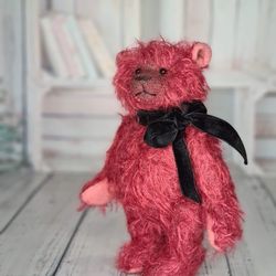 Red teddy bear. Classic mohair bear. Collectible toy.