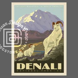 denali national park vintage travel poster by anderson design group | big horn sheep print | denali mountain print