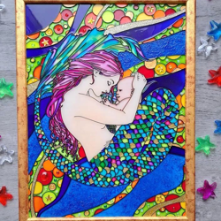 Original painting Mermaid mother and child Stained glass art Babyshower gift Painting for children room Texture painting