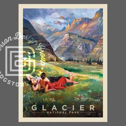 glacier national park vintage travel poster by kai carpenter anderson design group | couple in glacier art print