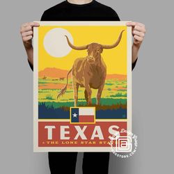 texas the lone star state vintage poster by anderson design group | texas art print | lone star state  long horn