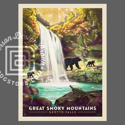 great smoky mountains national park travel poster by anderson design group | grotto falls print | waterfall print