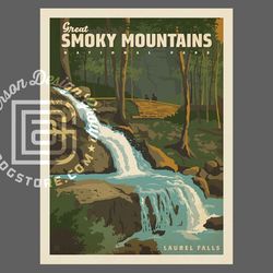 great smoky mountains park vintage travel poster by anderson design group | laurel falls print | smoky mtn print