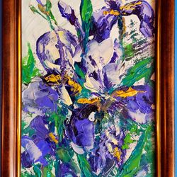 Irises Flowers Oil Painting Impasto Original Framed Artist Svinar Oksana