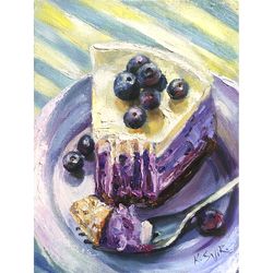 Cake Painting Dessert Original Art Blueberry Painting Cheesecake Wall Art Still Life Oil Artwork by SviksArtPainting