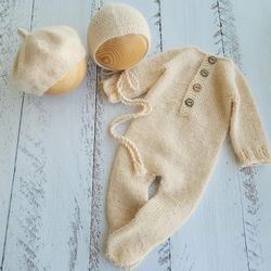 Cream fluffy bonnet, romper, wrap. Newborn photo props