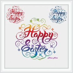 Cross stitch pattern inscription Happy Easter holiday letters flowers rainbow monochrome counted crossstitch patterns