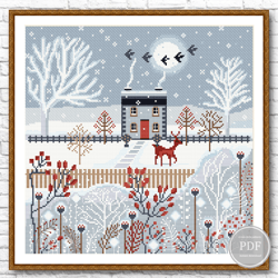 Winter Cross Stitch Pattern PDF, Winter Village Embroidery, Scandinavian Primitive, Winter House, Deer, Digital PDF 304