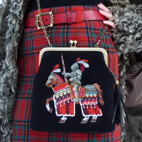 Heraldic horse and knight bead embroidery black bag.jpg