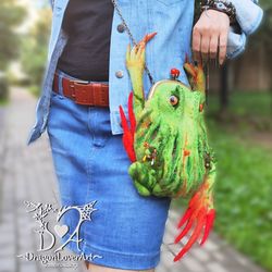Funky Frog Felt Crossbody Bag - Designer Handmade Purse