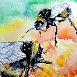 Bumblebee Painting Original Art Bee Watercolor Daisy Artwork Honeybee Wall Art