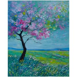 Sakura Painting Blossom Tree Original Art Impressionist Art Impasto Artwork Landscape Painting 20"x16" by Ksenia De