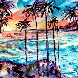 Hawaii Painting Palm Tree Original Art Watercolor Seascape Artwork