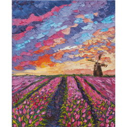 Tulip Painting Landscape Original Art Impasto Painting Netherlands Painting Mill Artwork 20"x16" by Ksenia De