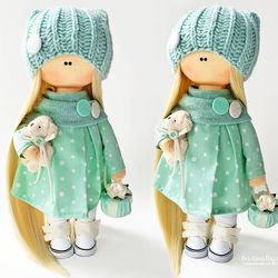 textile handmade doll mint colors 28 cm. interior dolls. gift dolls. exclusive dolls. rag dolls. textile dolls.