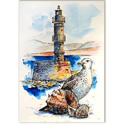 Lighthouse Painting  Original Art  Seascape Watercolor Seagull Artwork