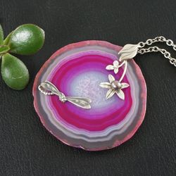 Pink Fuchsia Agate Slice Necklace Silver Dragonfly Necklace Large Round Agate Slab Stone Pendant Necklace Jewelry 5759