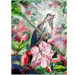 Nightingale Painting Bird Original Art Hibiscus Wall Art Rose Flower Artwork