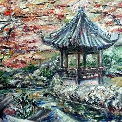 Buddhist Gazebo Painting Landscape Original Art Acrylic Artwork Artwork