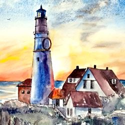 Lighthouse Painting Original Art Seascape Watercolor Sunset Artwork