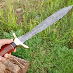 Hand Forged Damascus Steel Blade Dagger Double Edge Sword  Wood and Brass Guard Handle