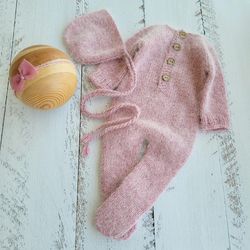 Pink melange fluffy bonnet, romper, wrap. Newborn photo props