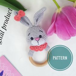 Baby rattle teether Bunny crochet pattern, newborn toy rabbit amigurumi crochet pattern, Baby Toy pattern