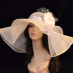 Ivory sinamay hat, Wide brim sinamay hat, Royal Ascot hat, wedding guest hat