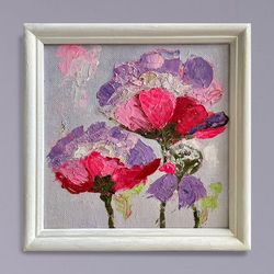 Pink Flower painting, Original Art, Poppy Wall art, Abstract Floral Oil painting, Small Art Framed Artwork