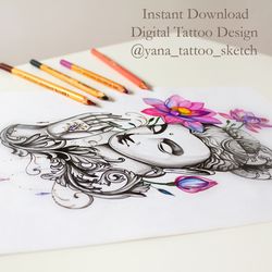 Buddha Tattoo And Lotus Flower Sketch Buddha Tattoo Design Zen Tattoo Ideas, Instant download JPG, PNG