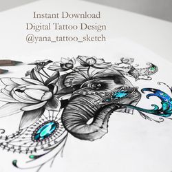 Elephant Tattoo Designs For Ladies Elephant Tattoo Sketch With Flowers Elephant Tattoo ideas, Instant download PNG, JPG