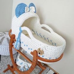 blue moses basket with small basket crochet nursery decor, newborn shower and new mother gift, moses basket, handmade