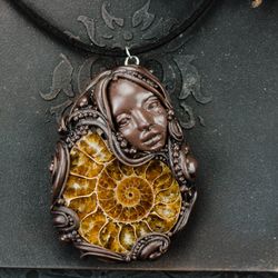 Goddess handmade pendant. Pendant with ammonite. Jewelry polymer clay