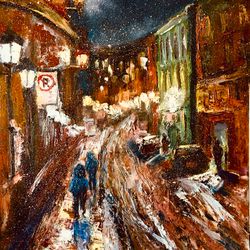 cityscape winter evening in an old city oil painting on board wall art 10 by 14 inches
