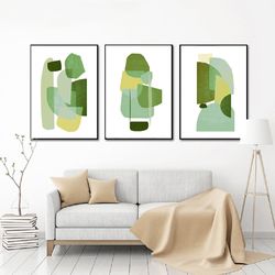 Green Wall Art, Prints Set Of 3, Abstract Geometric, Digital Download, Living Room Decor, Large Poster, Abstract Green