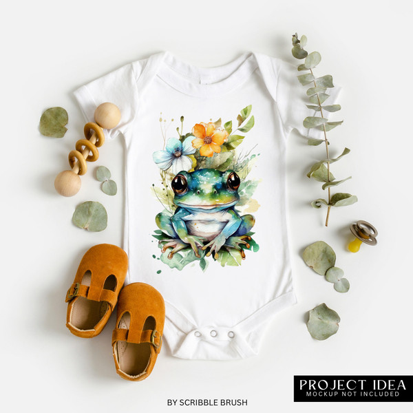 Watercolor Floral Baby Frog PNG Clipart onesie mockup.png