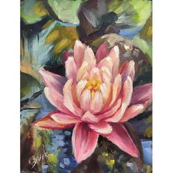 Water Lily Painting Floral Original Art Pond Painting Lotus Wall Art Small Oil Artwork Flower Art by SviksArtPainting