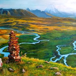 mountain landscape painting artwork 27*39 inch field grass painting river in forest picture