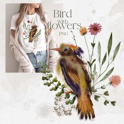 Watercolor bird. Wildflowers. Watercolor.